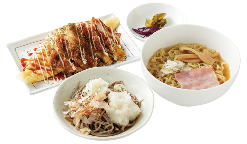 越前おろしそば、ボルガライス、たけふ駅前中華そば、漬物のセット