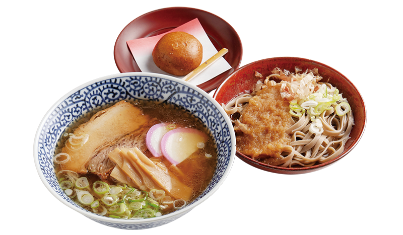 越前おろしそば、たけふ駅前中華そば、揚げかりんとうまんじゅうのセット