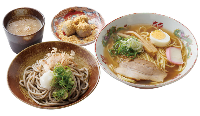 越前おろしそば、たけふ駅前中華そば、手作りそばだんごのセット