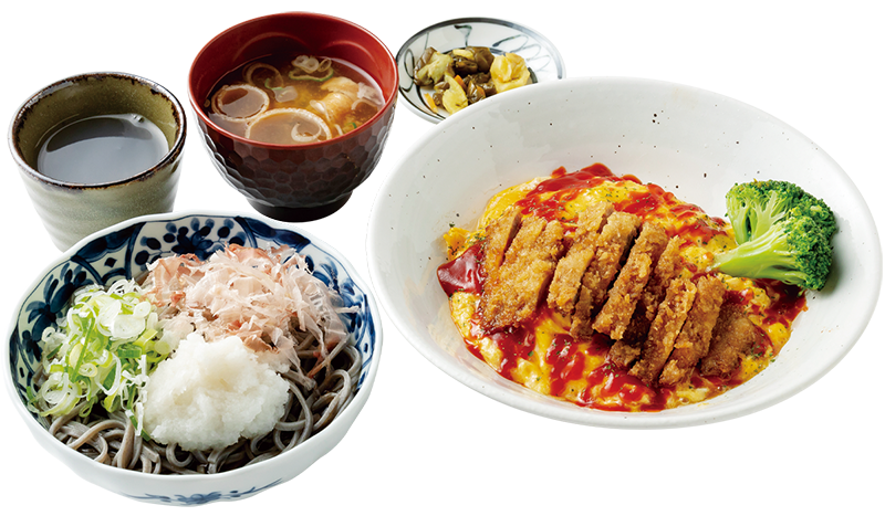 越前おろしそば、ボルガライス、味噌汁、漬物のセット